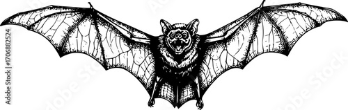Detailed Black and White Drawing of Bat flying in the sky in monochrome drawing. black on white line art.
