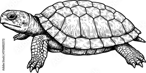 turtle sketch engraving black and white outline. Scratch board imitation. illustrated in vintage line art style on a white background.

