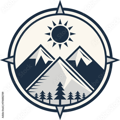 Stylish compass logo with mountains, sun, and pine trees, perfect for outdoor brands, hiking clubs, travel gear, camping, or adventure enthusiasts seeking a bold identity.