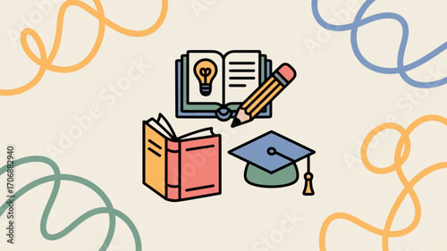 Illustration of books, pencils, graduation cap, and light bulb perfect for education, ideas, and academic achievements
