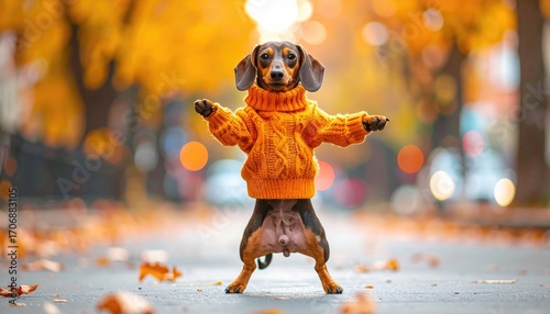 Fototapeta Naklejka Na Ścianę i Meble -  Dachshund in orange sweater standing on pavement, autumn leaves