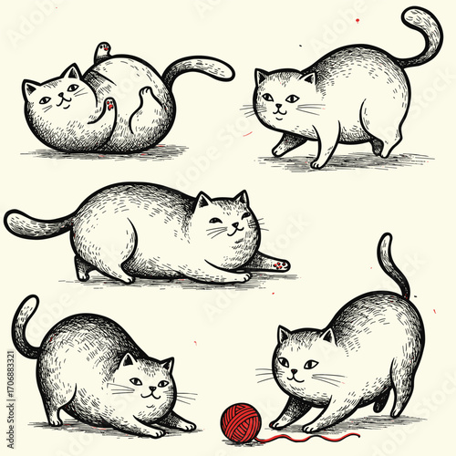 Five sketch-style cats in playful poses, with one interacting with a red yarn ball, showing expressive and dynamic behavior.
