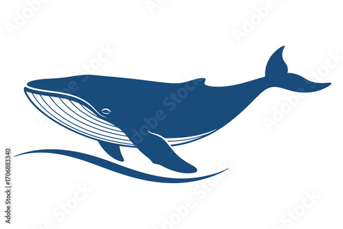 A stylized blue whale illustration swimming in ocean waves perfect for marine life and ocean themed designs