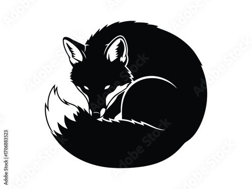 Stylish black fox silhouette illustration featuring a curled tail perfect for logo design and branding projects