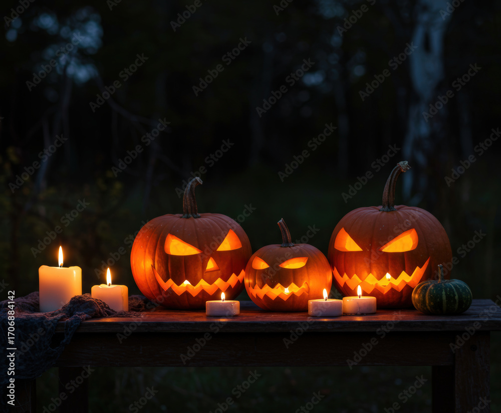 Fototapeta premium Carved pumpkins glowing by candlelight at night.