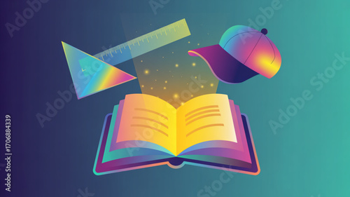 Illustration of a book, prism, and hat, representing knowledge, science, and creativity vibrant colors and modern design on a gradient background