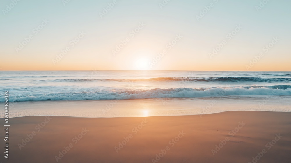 Fototapeta premium Minimalist beach sunrise with golden sky and calm waves, wide sandy foreground offering clean natural space for creative advertising background, product display or inspirational text overlay.