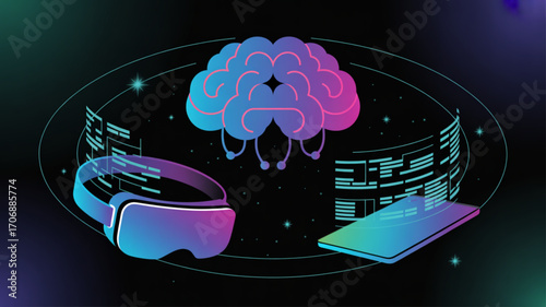 A futuristic illustration of a brain, vr headset, and smartphone, representing artificial intelligence, virtual reality, and technology isolated on