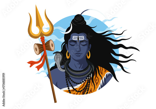 Depiction of Shiva blueskinned god trident with snake  moon against blue halo background