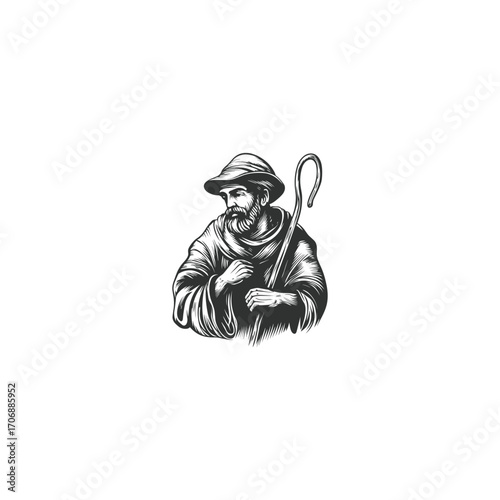 Detailed monochrome illustration of an old man, likely a shepherd or wise traveler, wearing a hat and holding a curved staff