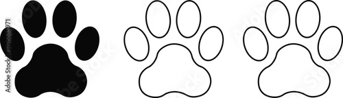 Dog paw print vector, black outline illustration, animal footprint icon, pet track symbols, isolated graphic elements, minimalist design, white background