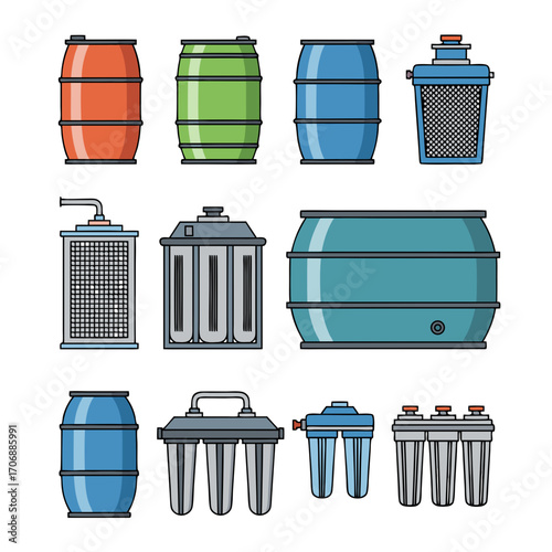 a collection of colorful industrial barrels and containers in various shapes and sizes