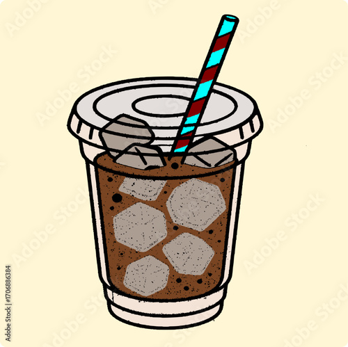 Iced coffee in plastic cup with striped straw. Summer refreshment beverage illustration.