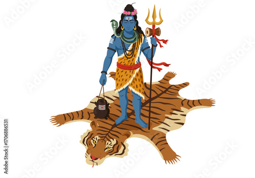Hindu deity Shiva stands on a tiger skin holding a trident  pot