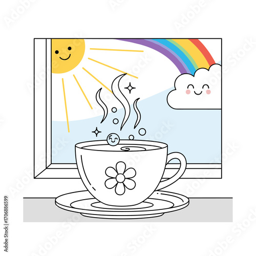 A cheerful morning scene with a warm cup of tea and a rainbow outside the window