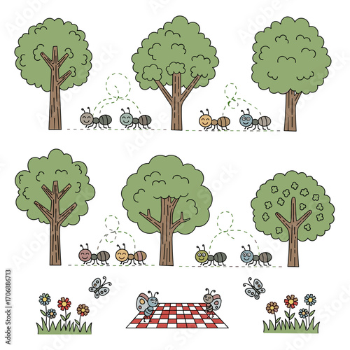 Adorable ants exploring trees and enjoying a picnic amidst blooming flowers