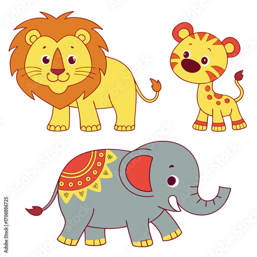 Animated lion, yellow giraffe, and grey elephant stand cheerfully on a transparent background