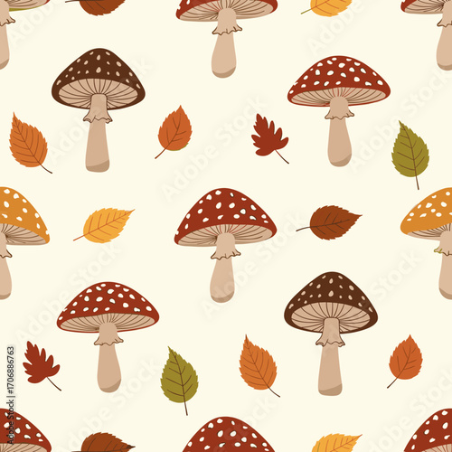 Whimsical autumn mushroom and leaf pattern for cozy fall harvest decor