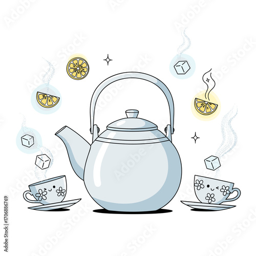 Charming teapot and cups with whimsical steam and lemon slices a delightful illustration for cozy moments