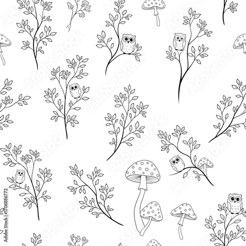 Whimsical woodland creatures and enchanted forest foliage pattern design