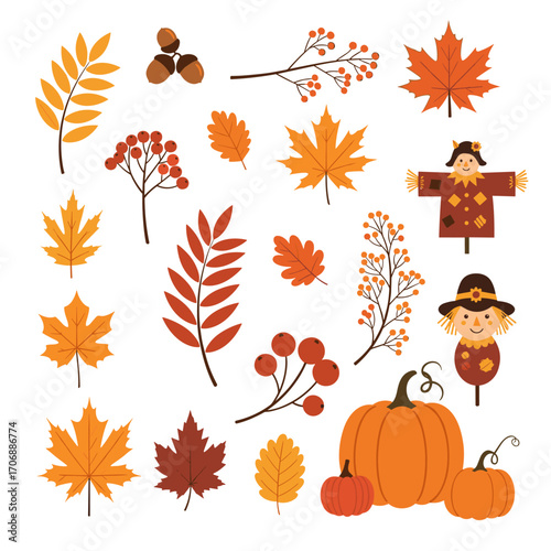 Collection of autumn leaves berries acorns pumpkins and scarecrows for seasonal decorations