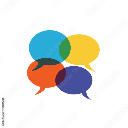 Four colorful overlapping speech bubbles representing communication and discussion