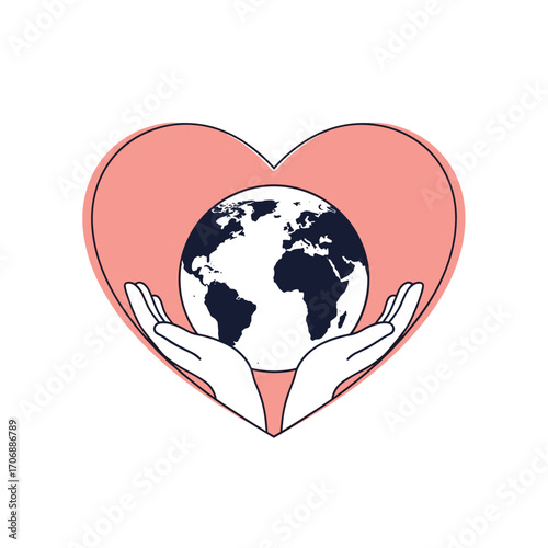 A pair of caring hands gently holding the earth inside a pink heart shape illustration