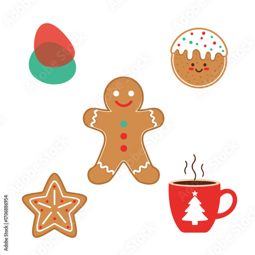 Delicious holiday treats including gingerbread man cookies star cookie festive cupcake and hot chocolate drink for winter celebrations