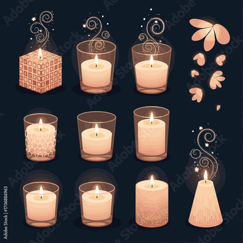 Glow of elegant candles illuminating a dark background with swirls of light and petals floating gracefully
