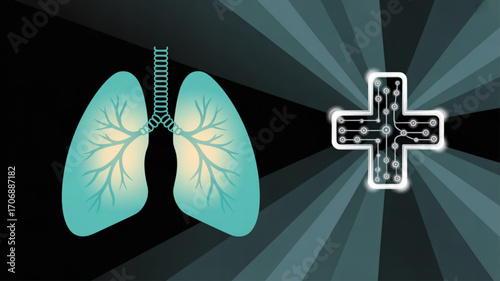 Illustration of lungs with a ladder inside, symbolizing respiratory health and medical advancement, alongside a glowing plus sign with circuit patterns