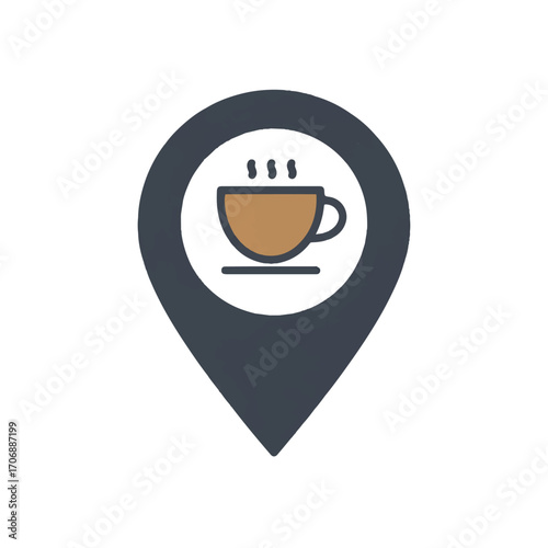 A dark grey location marker icon with a steaming brown coffee cup symbol inside, indicating a cafe or coffee shop.