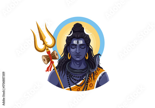 Illustration of Shiva the Hindu deity with a trident and cobra around neck