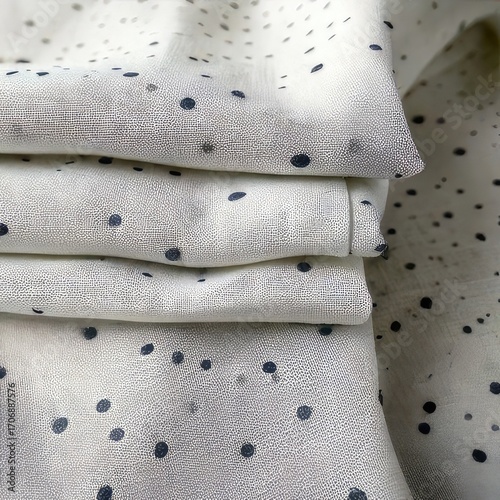 Close-up of folded, white fabric with dark-navy polka dots