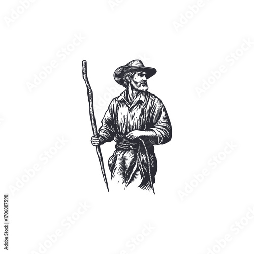 Detailed monochrome illustration of an old man, likely a shepherd or wise traveler, wearing a hat and holding a curved staff