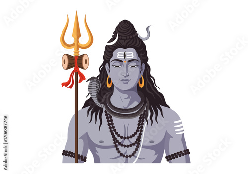 Lord Shiva depiction gray skin beaded necklaces snake trident crescent moon and horizontal lines on his forehead