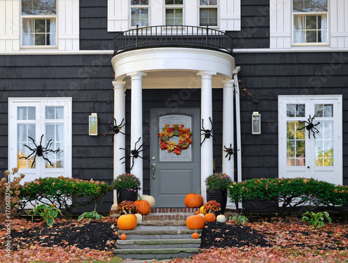Front door of home with Halloween decorations