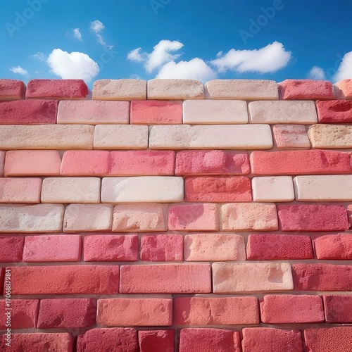 Colorful brick wall against a vibrant blue sky with fluffy white clouds