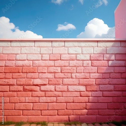 Pastel pink and white brick wall against a vibrant blue sky with fluffy clouds