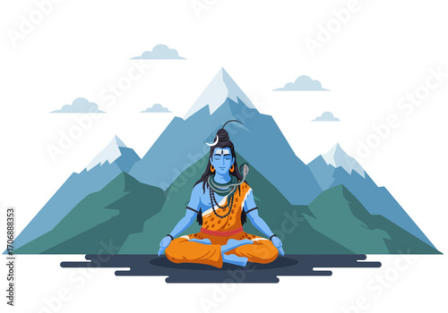 Shiva in meditation against mountains wearing an orange cloth and a snake around his neck