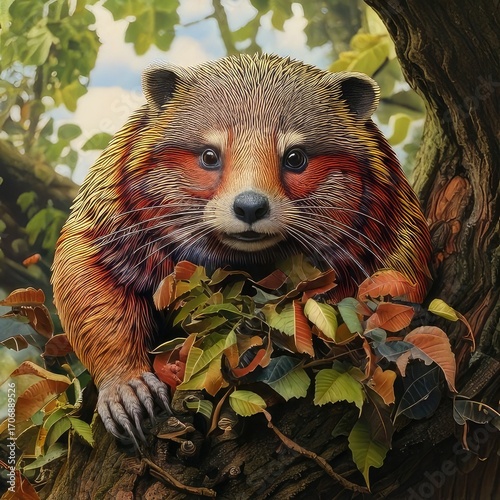 Close-up of a raccoon-like creature in a tree, surrounded by leaves