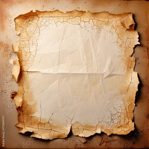 Aged, creased, square parchment paper with distressed edges