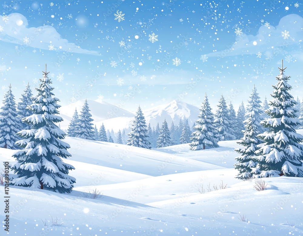 Naklejka premium Winter landscape with snow-covered trees and mountains