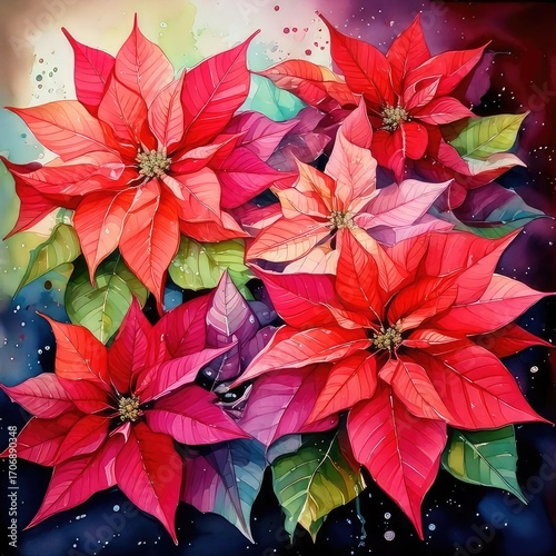 Vibrant poinsettia blossoms in a colorful, detailed arrangement