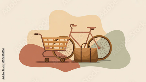 Vintage travel and shopping illustration with bicycle, shopping cart, and bag retro design for tourism, vacation, and transportation flat vector graphic style