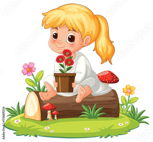 Blonde Girl Sitting on Log Holding Flower Pot