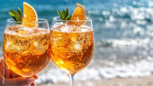 Two aperol spritz glasses by the ocean