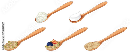 Wooden Spoons with Various Breakfast Foods Illustration