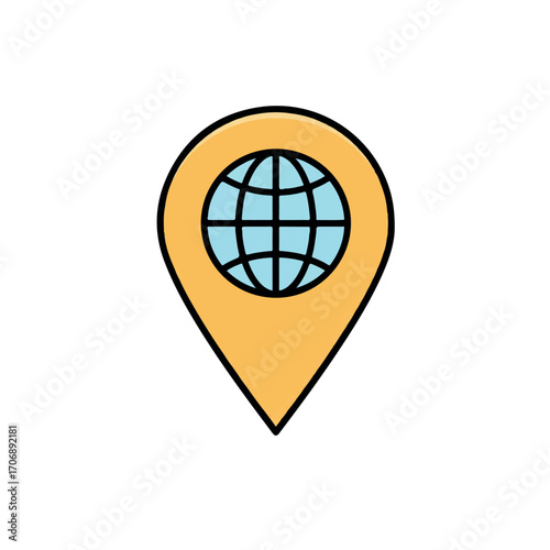 A yellow map pin icon with a blue globe symbol inside, representing global location and travel.