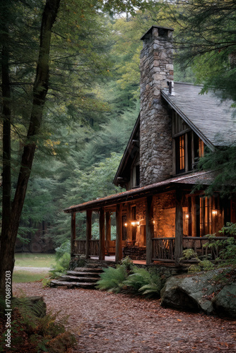 A cabin with a stone chimney in the woods. A warm light spills onto the porch