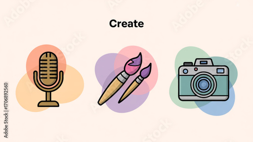 Illustration of microphone, paintbrushes, and camera icons representing creative tools for content creation on a light background